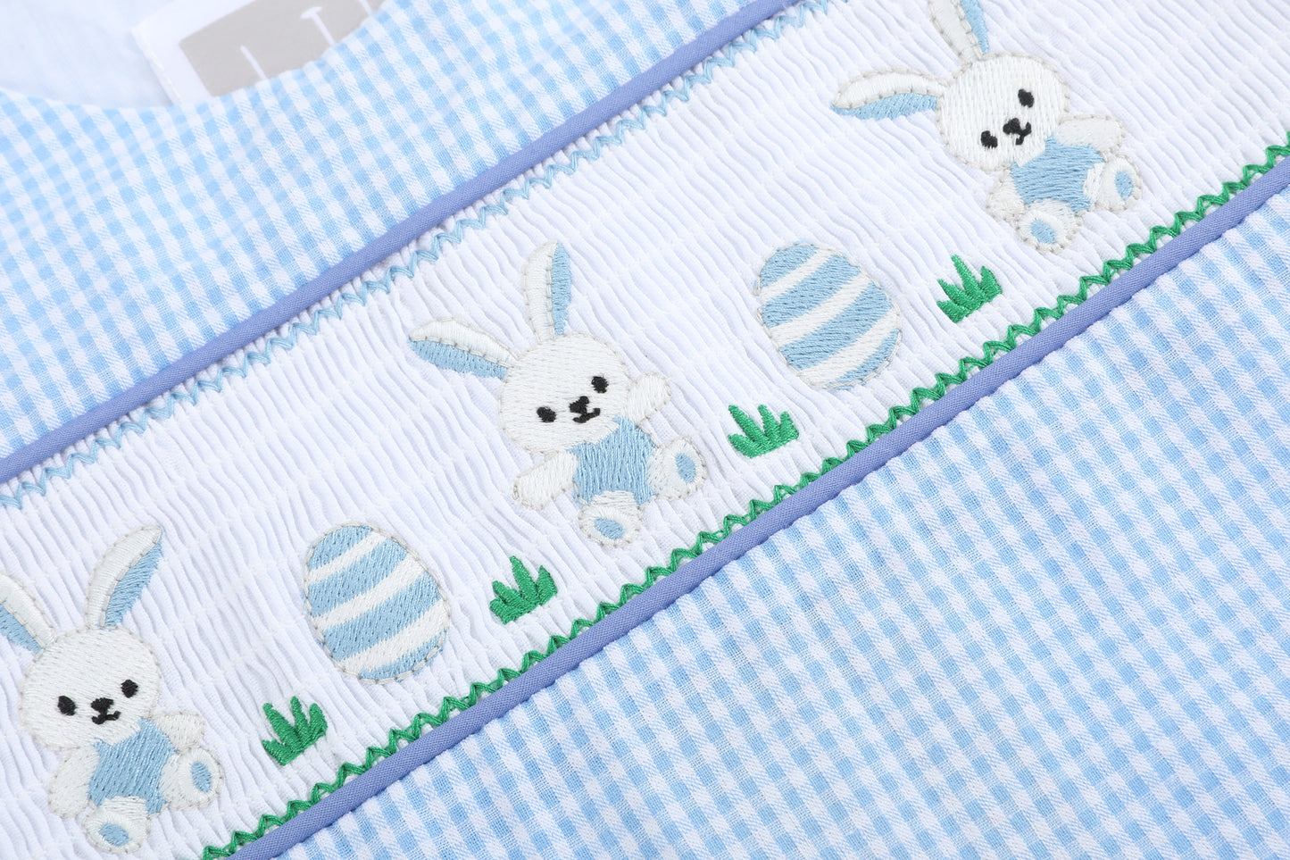 Light Blue Gingham Easter Egg and Bunnies Smocked Shortall