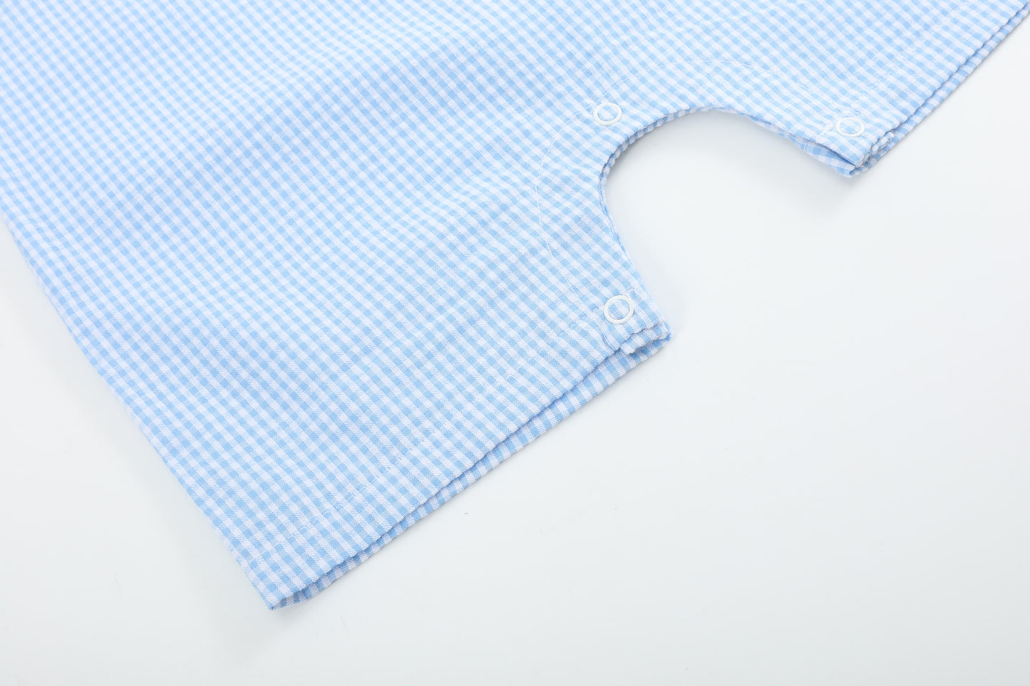 Light Blue Gingham Easter Egg and Bunnies Smocked Shortall