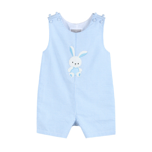 Light Blue Gingham Easter Bunny Applique Shortalls