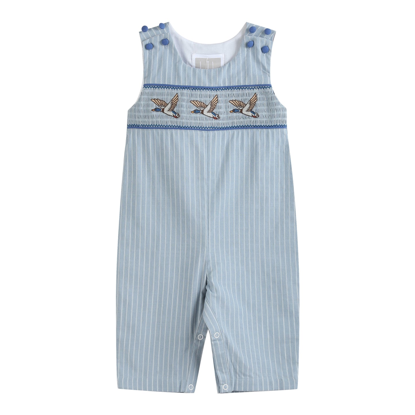 Blue Pinstripe Mallard Duck Smocked Overalls