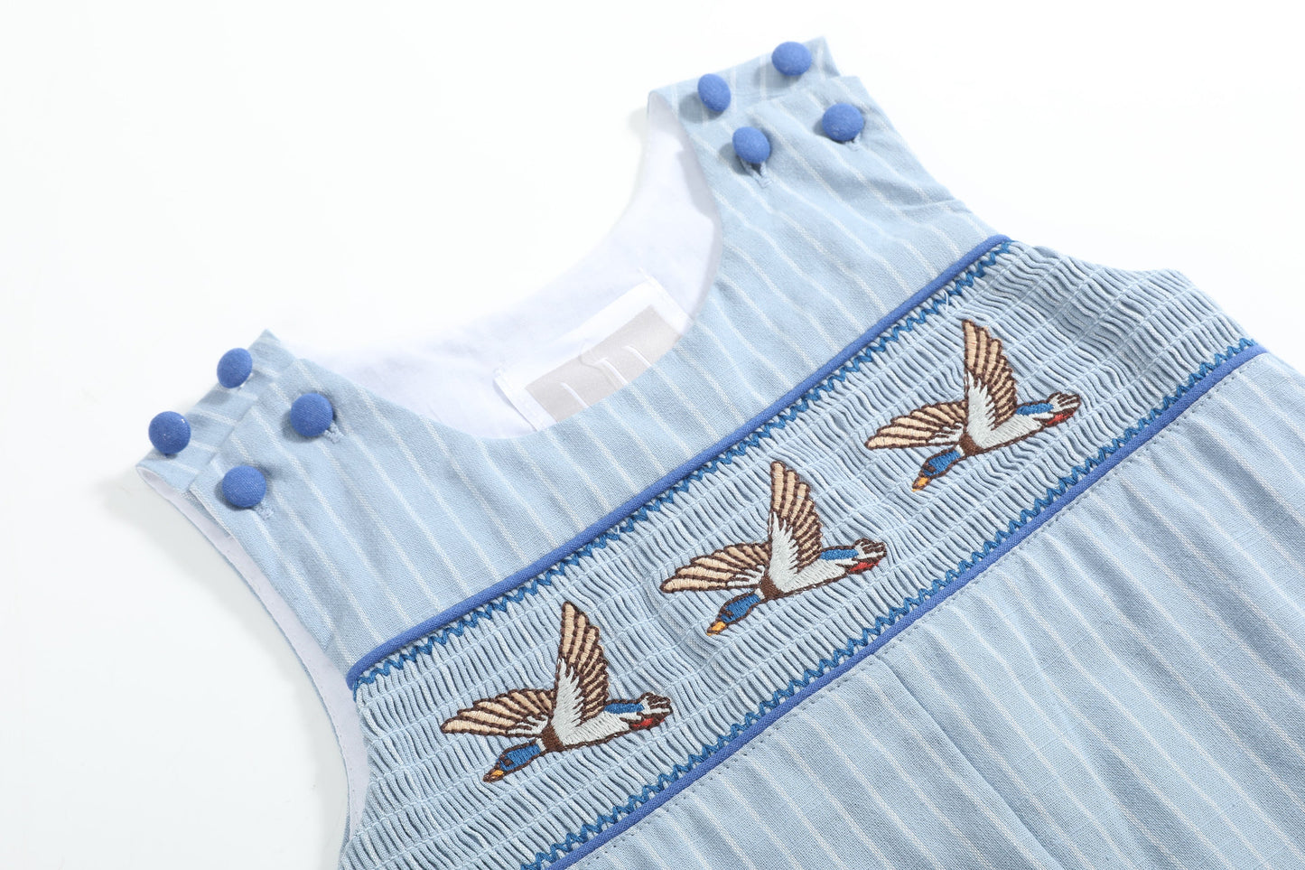 Blue Pinstripe Mallard Duck Smocked Overalls