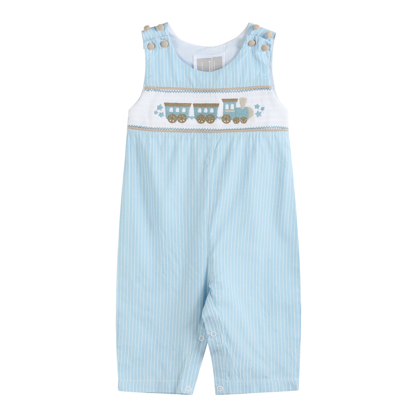 Blue Gingham Train Smocked Overalls