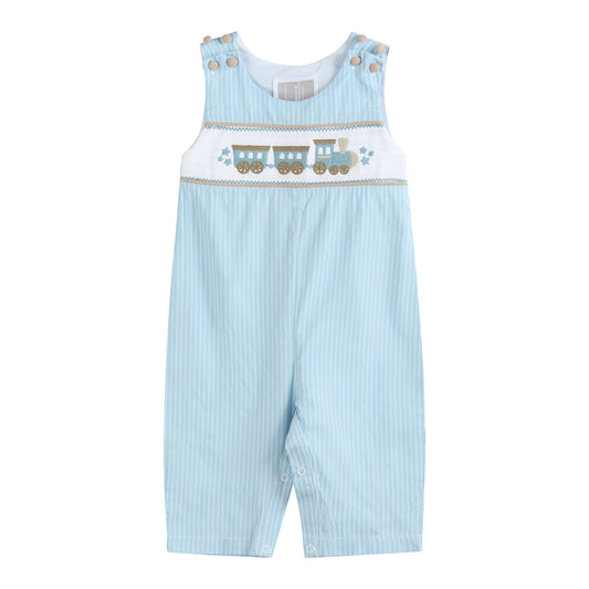 Blue Gingham Train Smocked Overalls