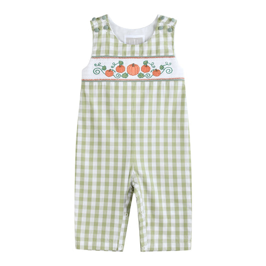 Sage Green Gingham Pumpkin Smocked Overalls