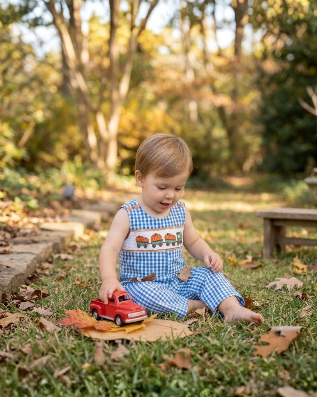 Blue Gingham Pumpkin Train Smocked Overalls