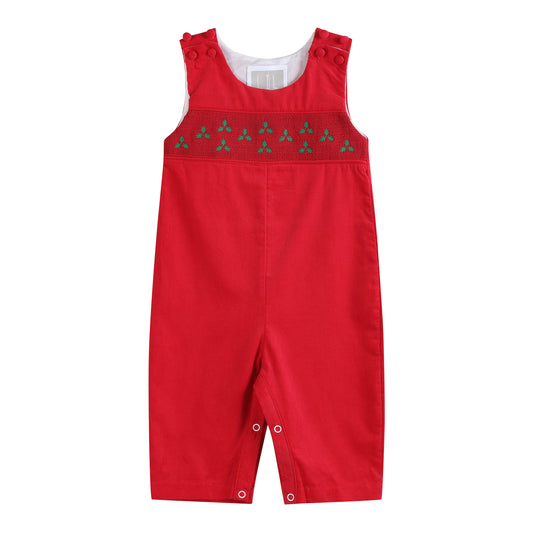 Red Corduroy Mistletoe Smocked Overalls