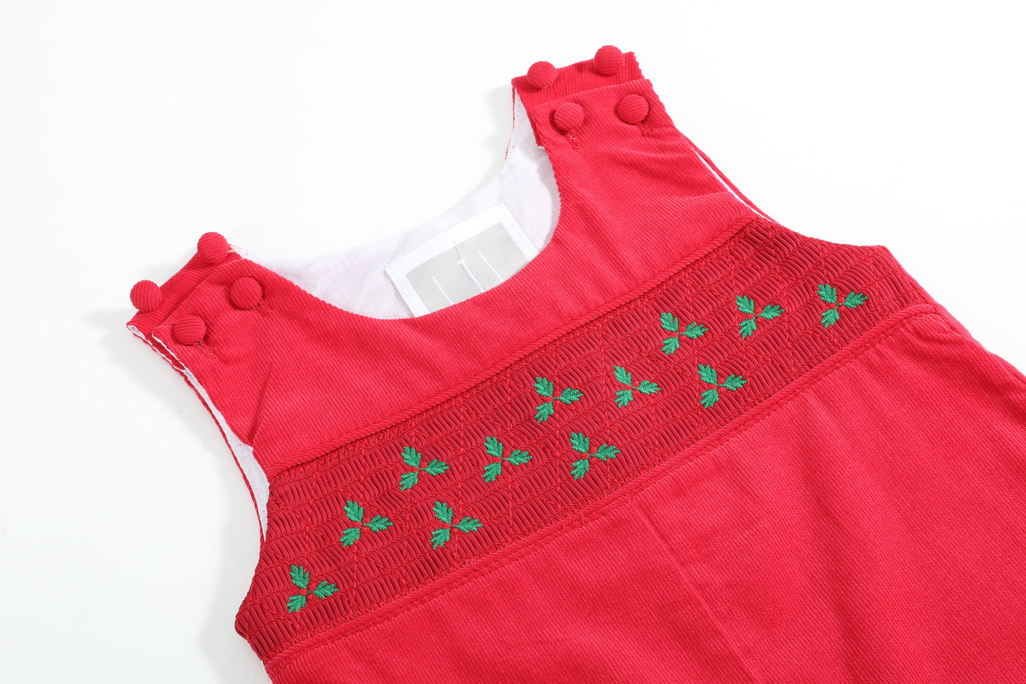 Red Corduroy Mistletoe Smocked Overalls