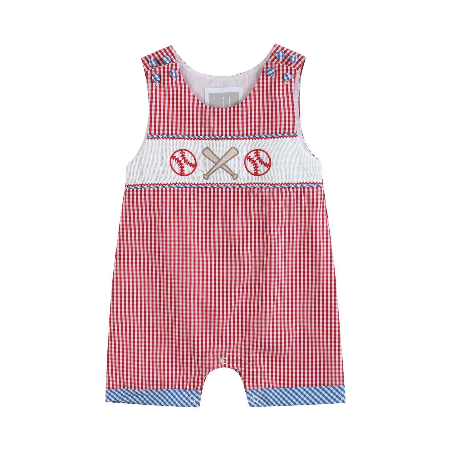 Red Gingham and Blue Baseball Smocked Shortalls