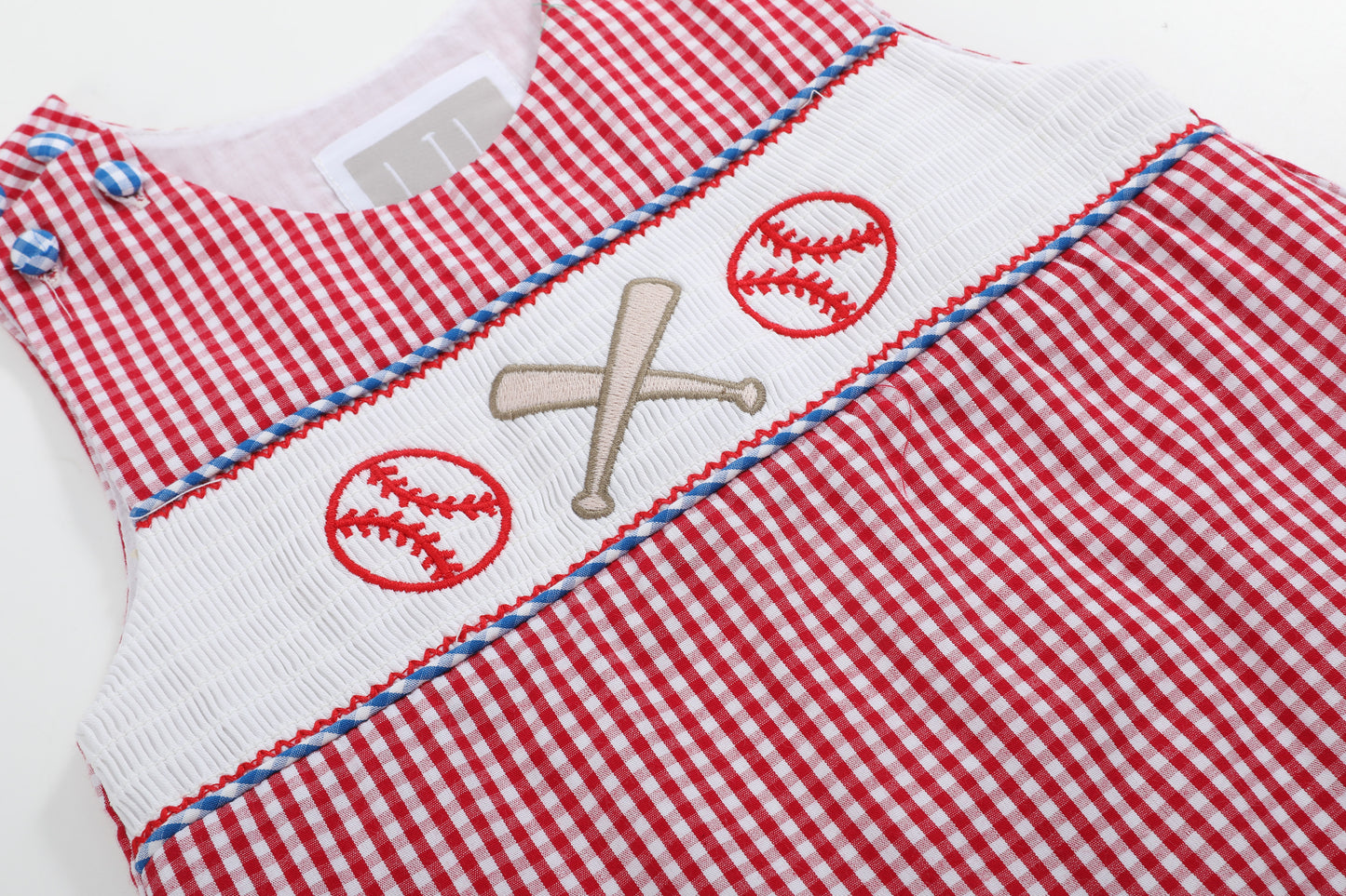 Red Gingham and Blue Baseball Smocked Shortalls