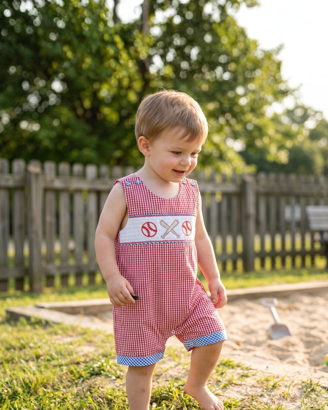 Red Gingham and Blue Baseball Smocked Shortalls