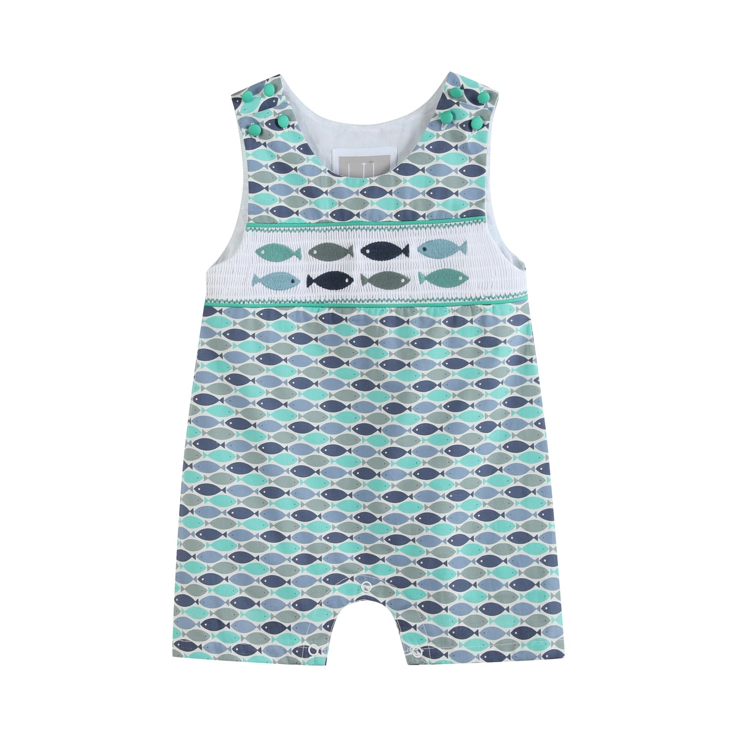 Blue Green Fish Print Smocked Shortalls
