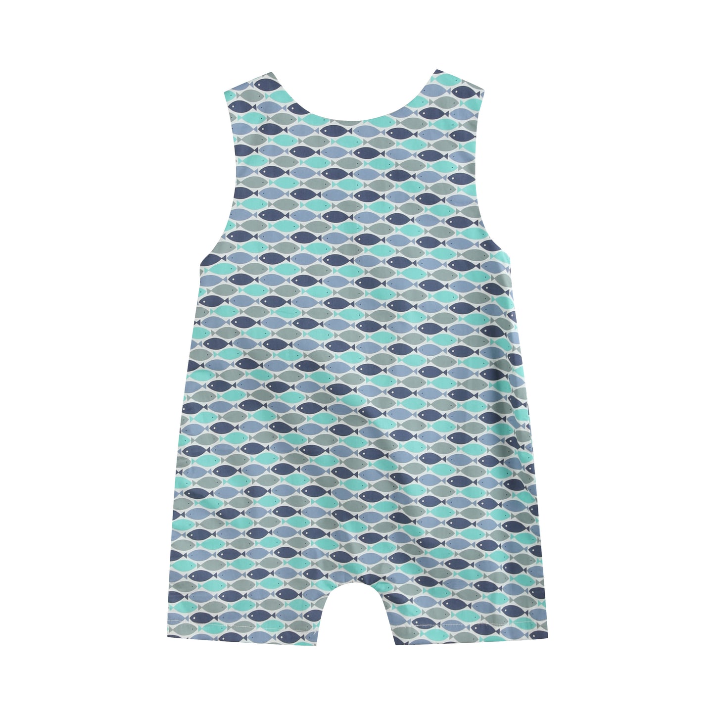 Blue Green Fish Print Smocked Shortalls