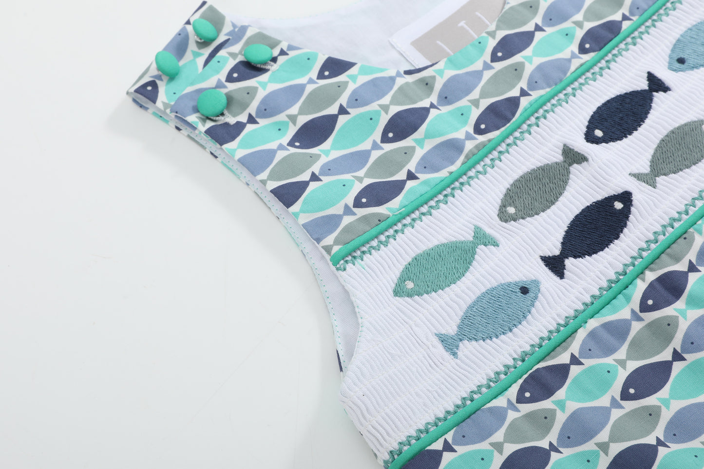 Blue Green Fish Print Smocked Shortalls