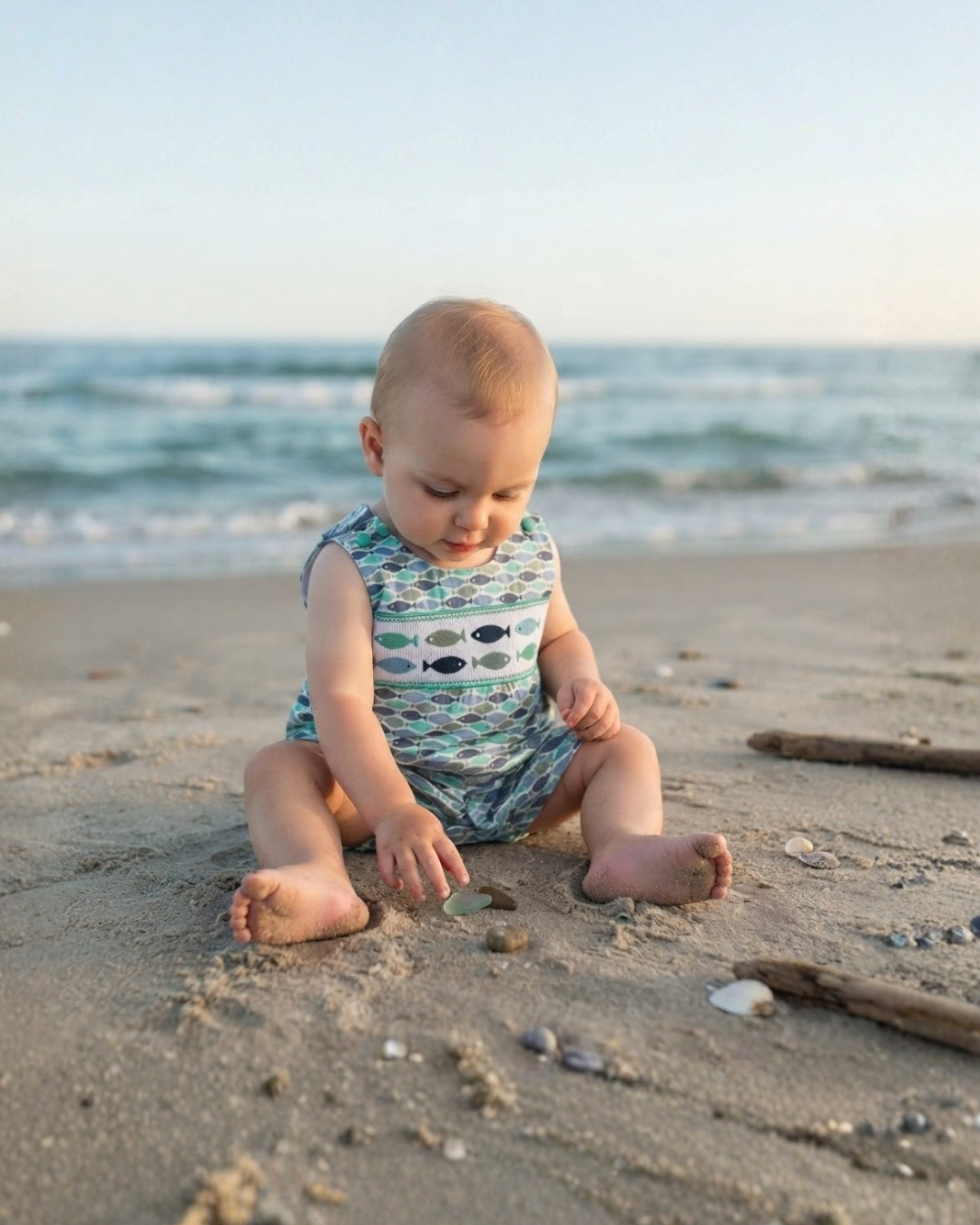 Blue Green Fish Print Smocked Shortalls