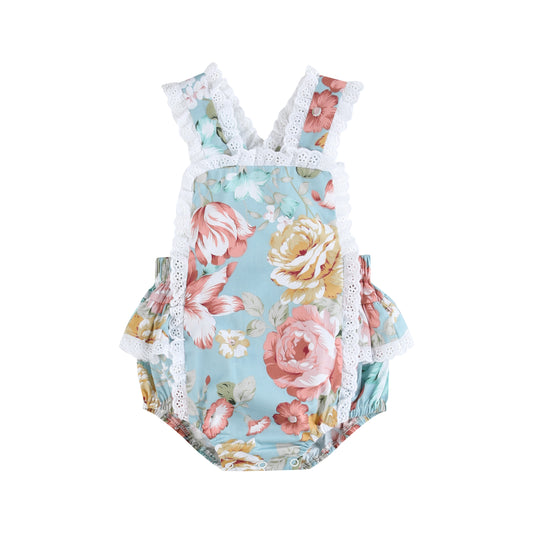 Pink & Blue Floral and Lace Bow Ruffle Romper