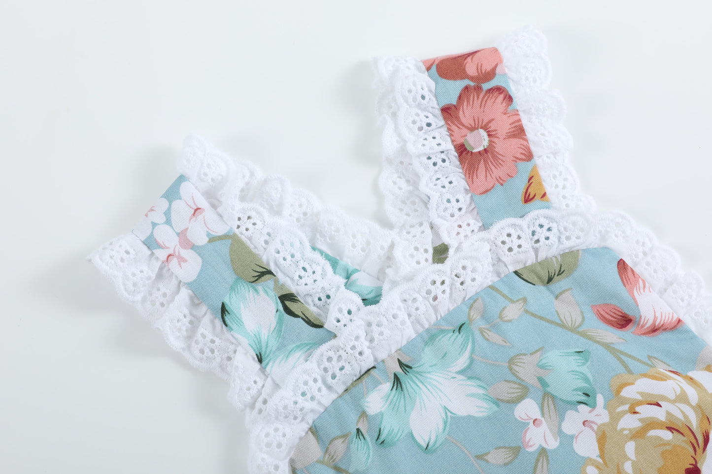 Pink & Blue Floral and Lace Bow Ruffle Romper