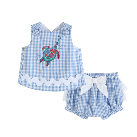 Blue Gingham Mosaic Turtle Top and Bloomer Set