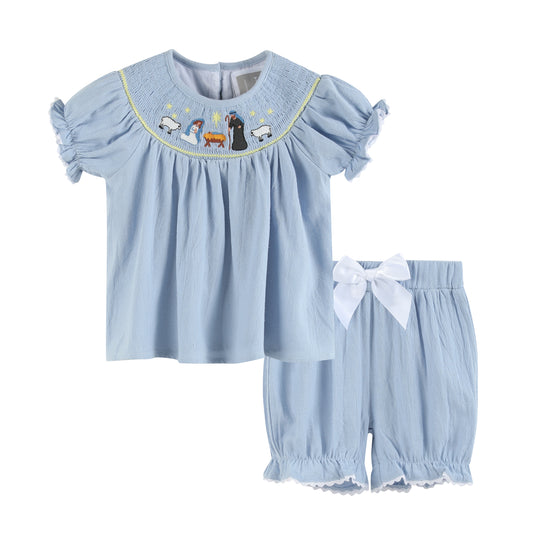 Light Blue Nativity Smocked Dress and Bloomers Set