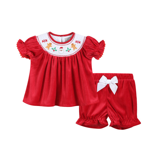 Red Velvet Christmas Smocked Dress and Bloomers Set