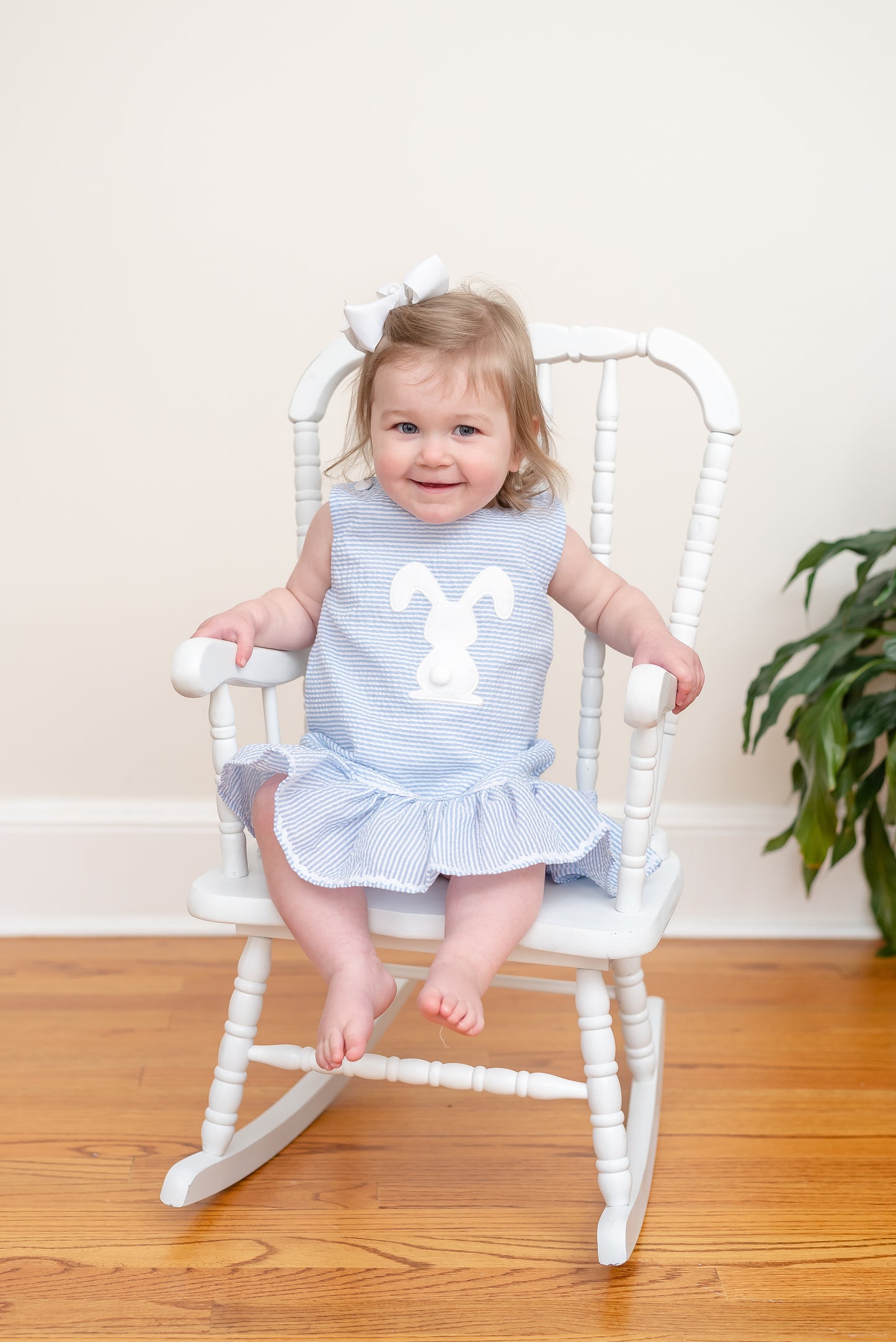 Light Blue Seersucker Pom Pom Bunny Swing Dress