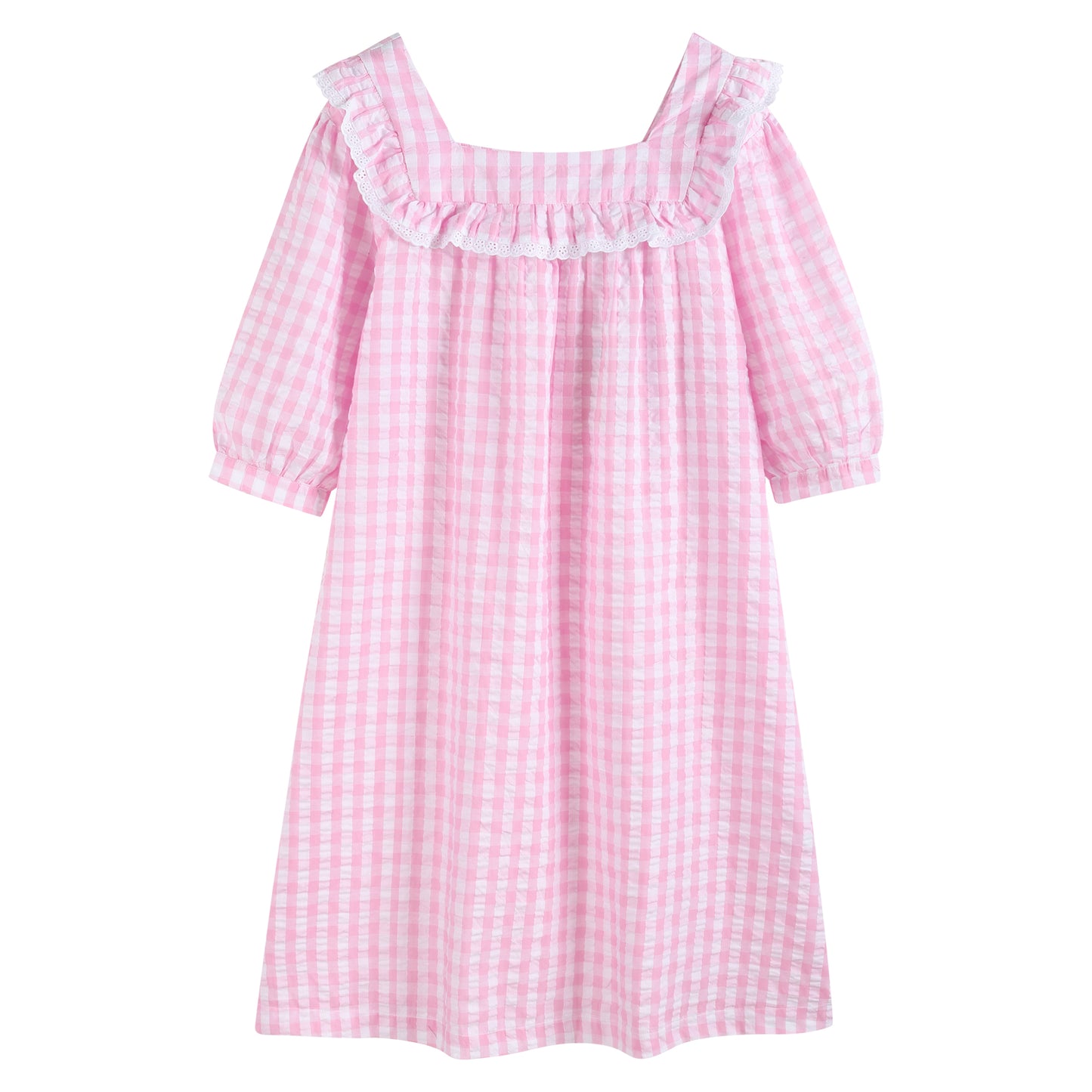 Ladies Light Pink Cotton Striped Ruffle Embroidery Dress