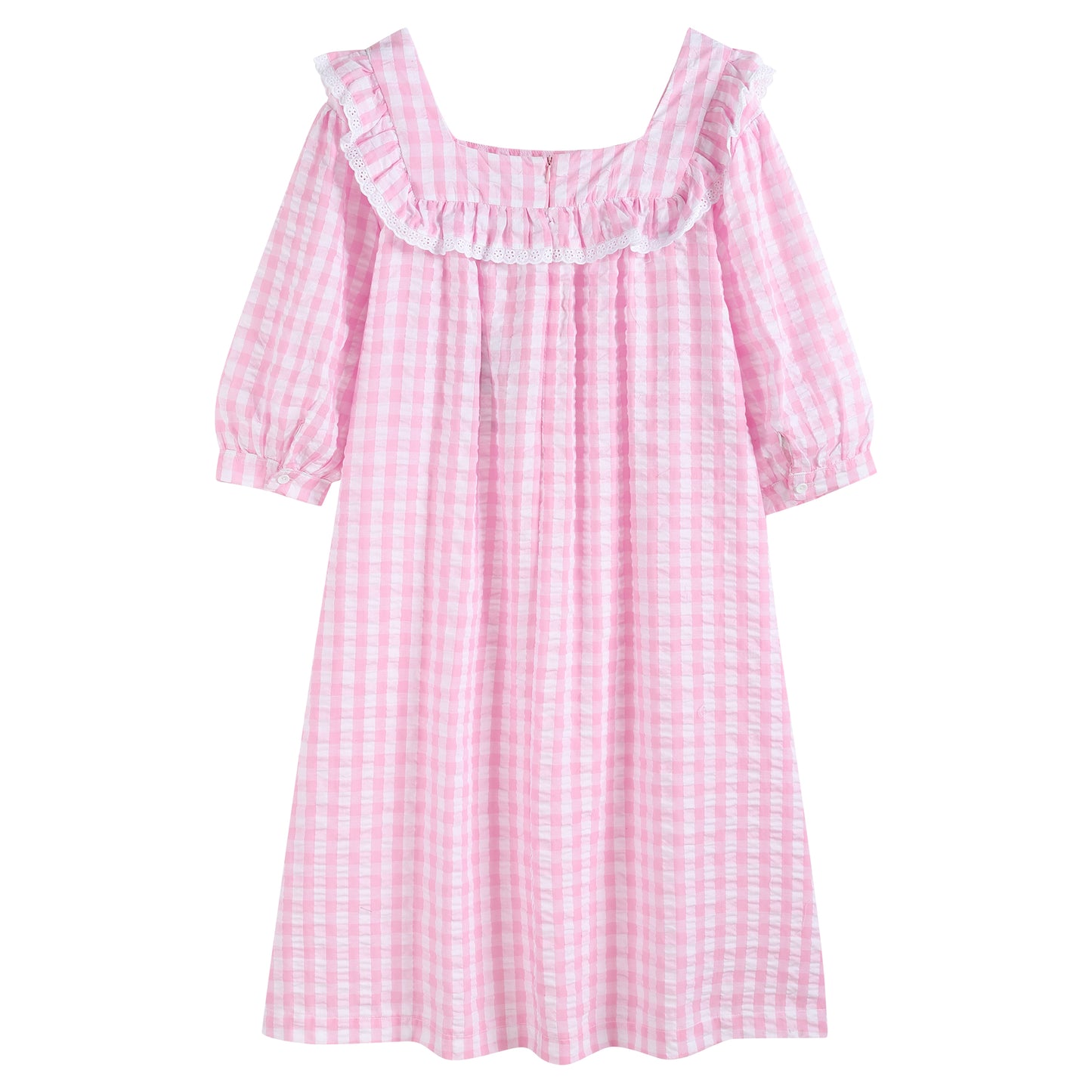 Ladies Light Pink Cotton Striped Ruffle Embroidery Dress