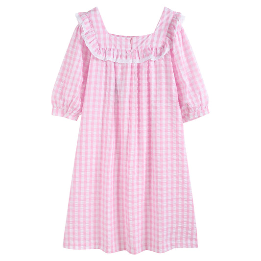 Ladies Light Pink Cotton Striped Ruffle Embroidery Dress