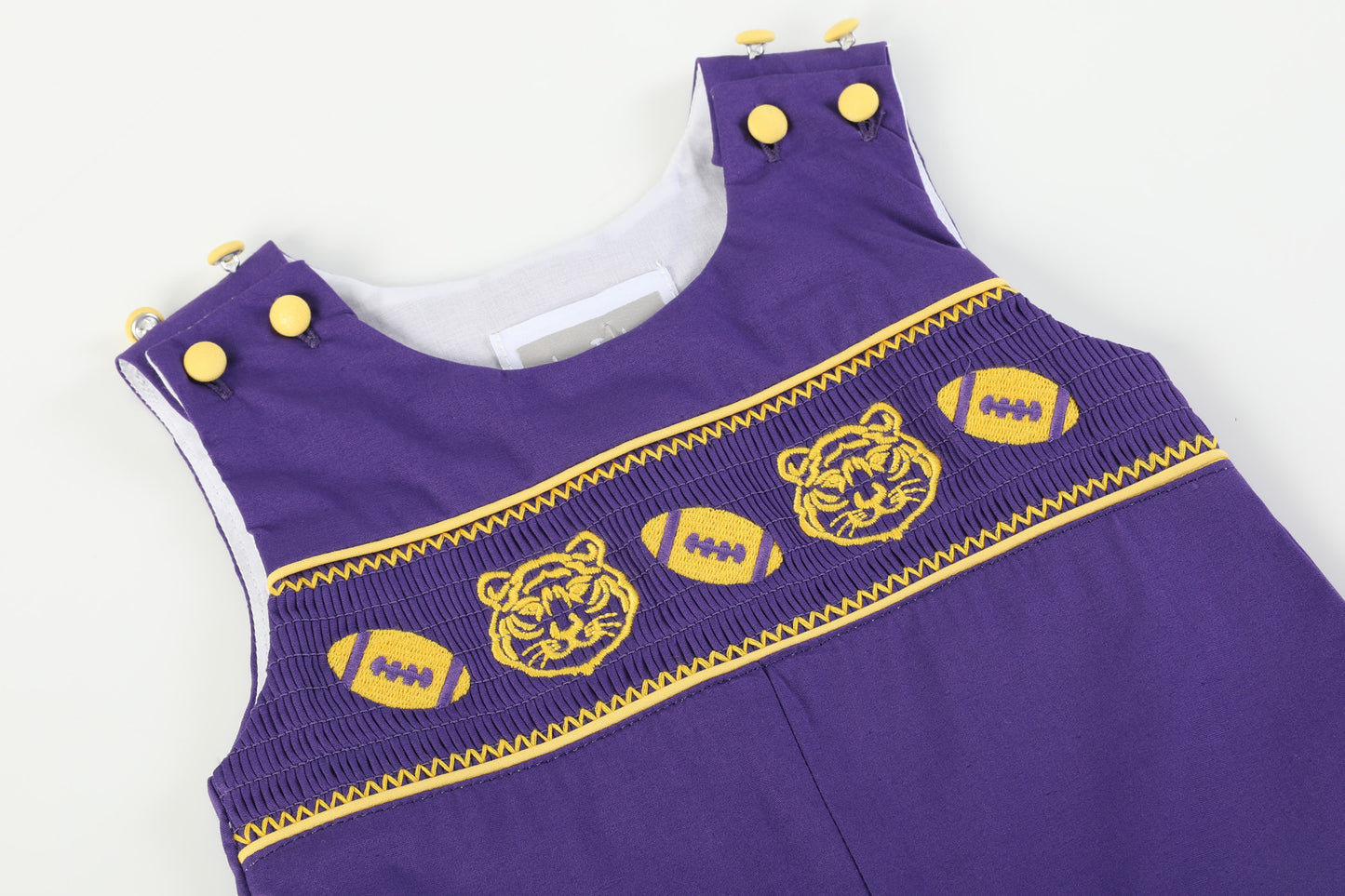 Purple and Gold Football and Tiger Smocked Overalls