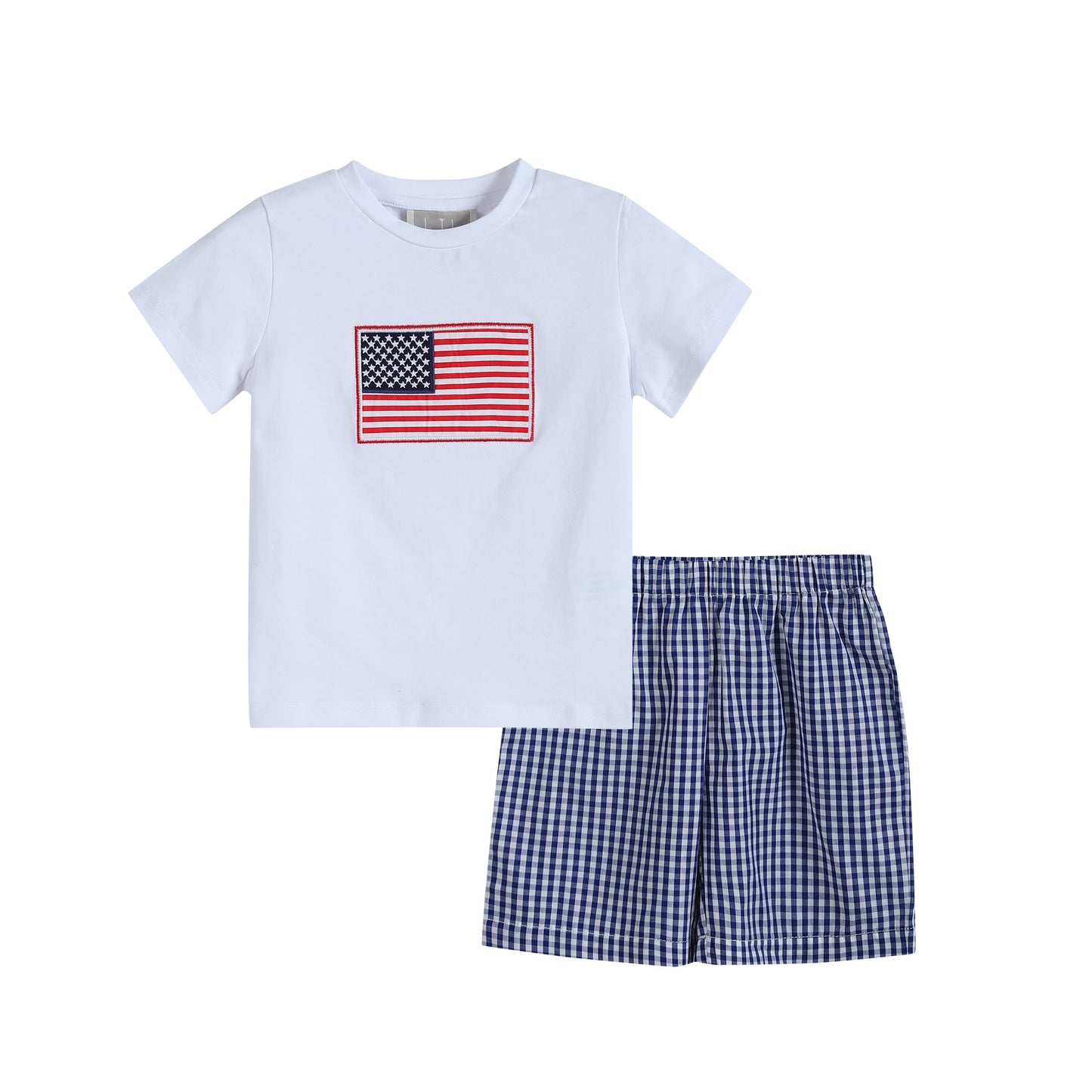 Blue Gingham USA Flag T-Shirt and Shorts Set