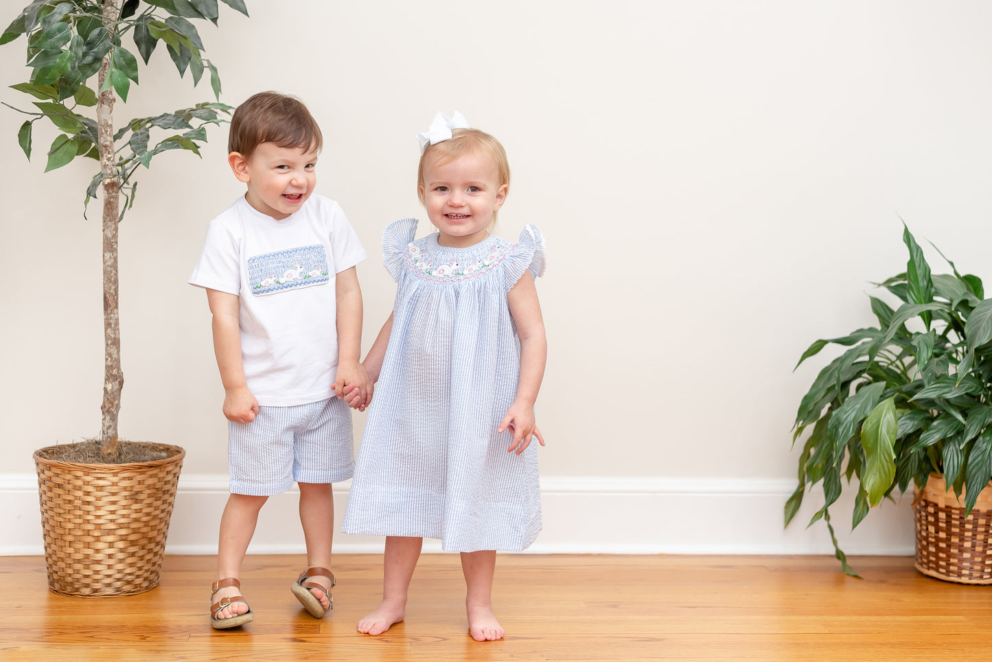 Blue Seersucker Bunnies Smocked Bishop Dress