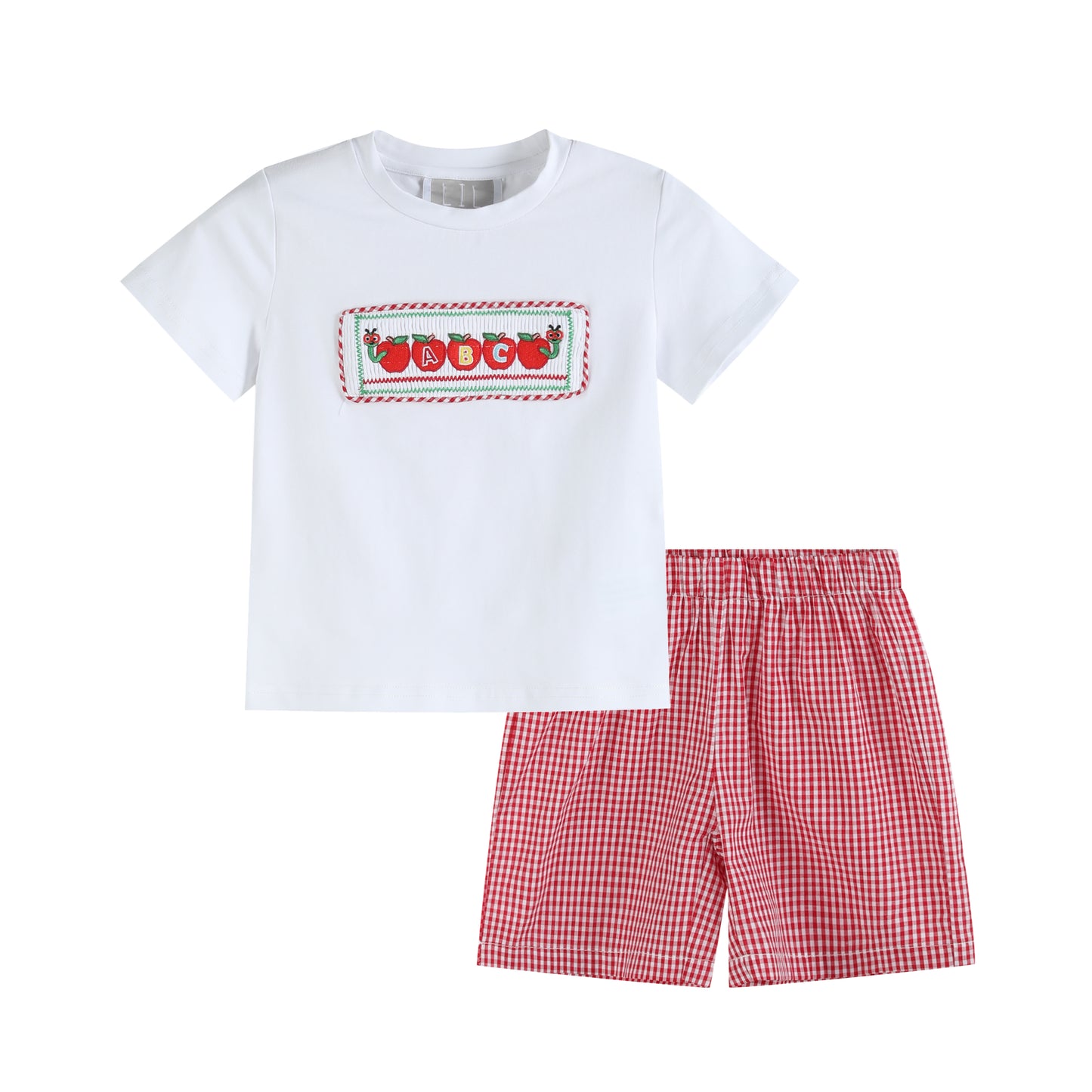 White 'ABC' Embroidered Apple Smocked Crewneck Tee & Red Gingham Shorts