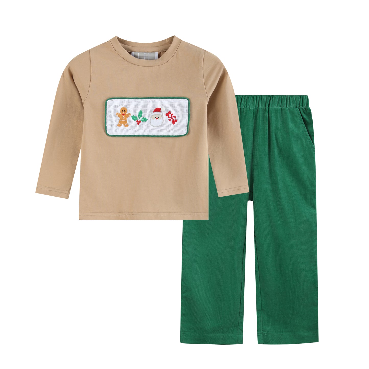 Light Brown Christmas Smocked Shirt and Green Corduroy Pants Set