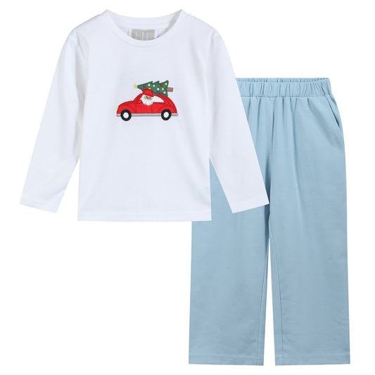 White Santa Christmas Tree Shirt and Blue Pants Set