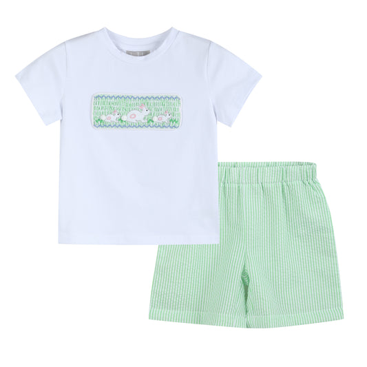 Green Seersucker Shorts and Easter Bunny Smocked Shirt Set