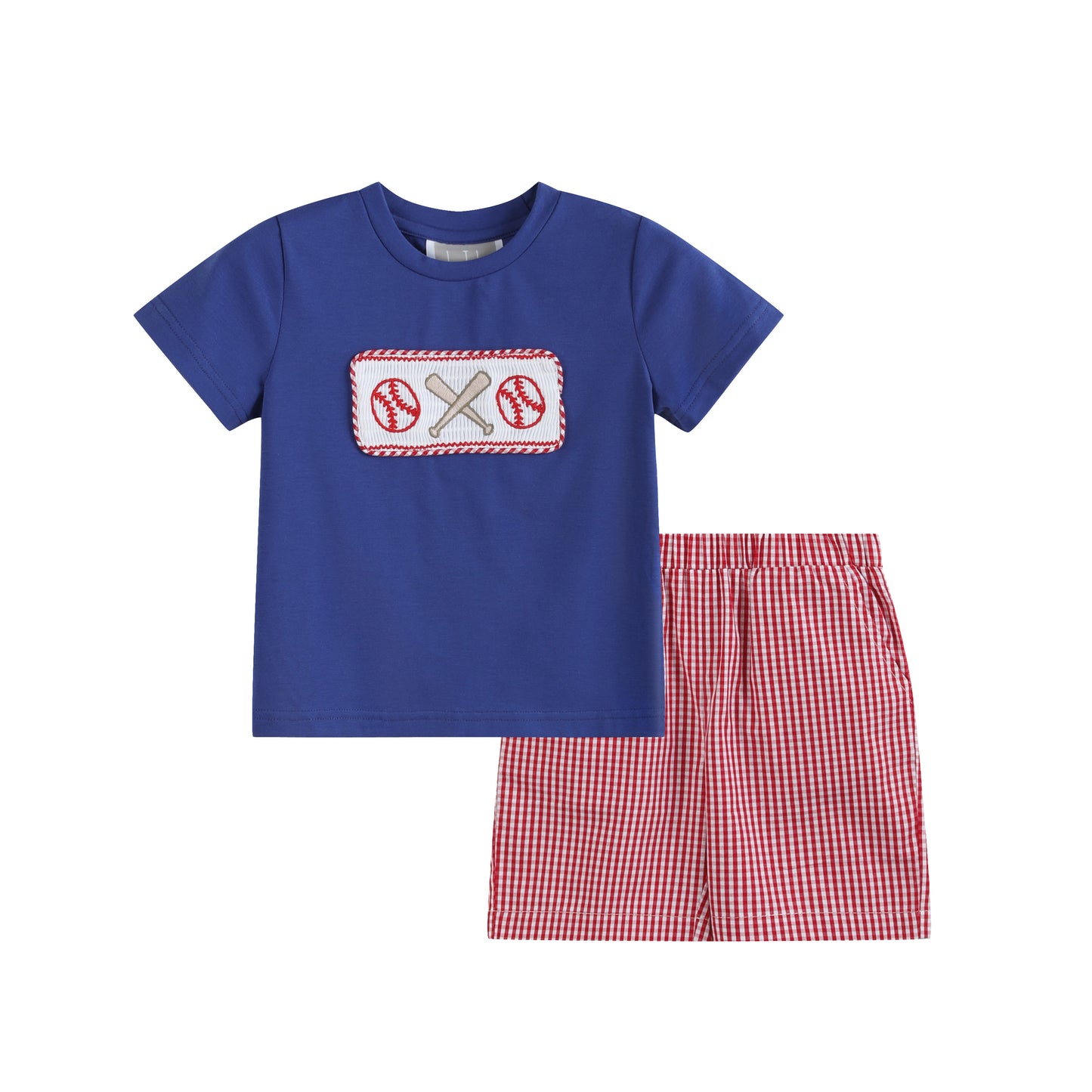 Red Gingham and Blue Baseball Smocked Shirt and Short Set