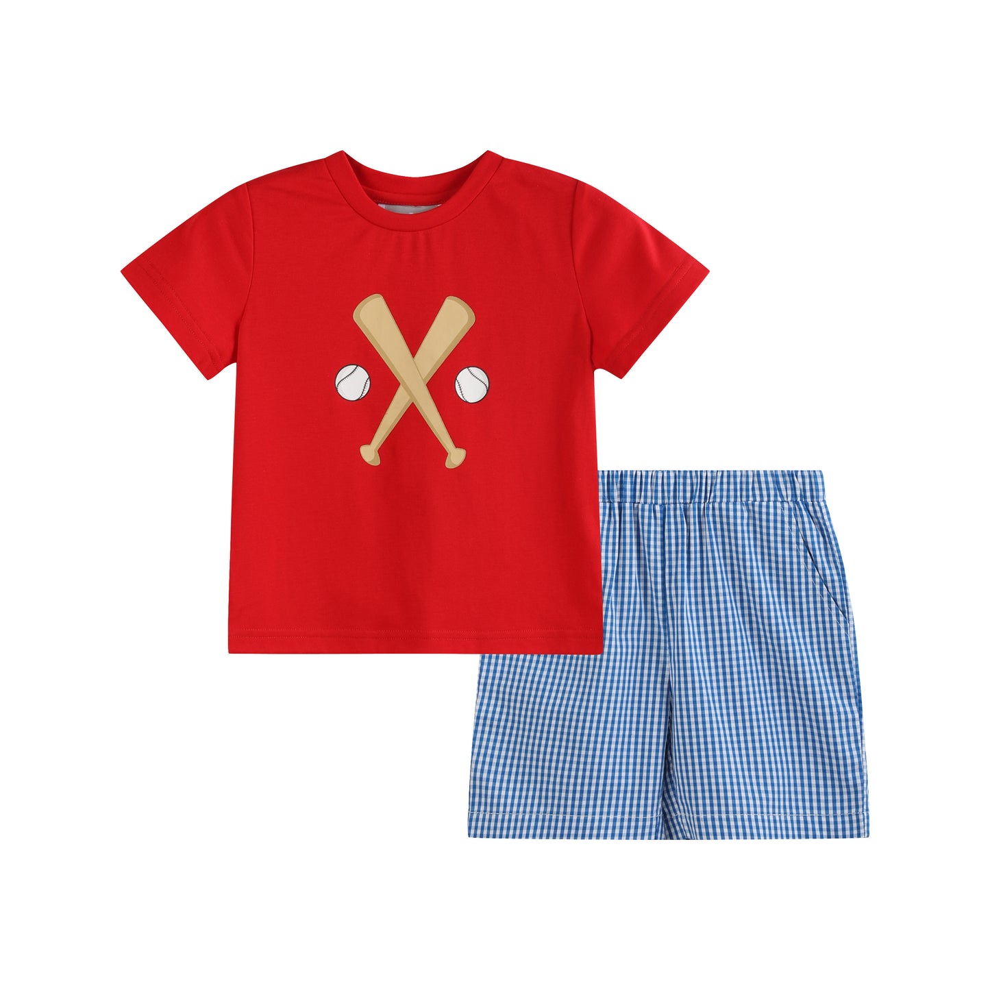 Red Gingham and Blue Baseball Shirt and Shorts Set