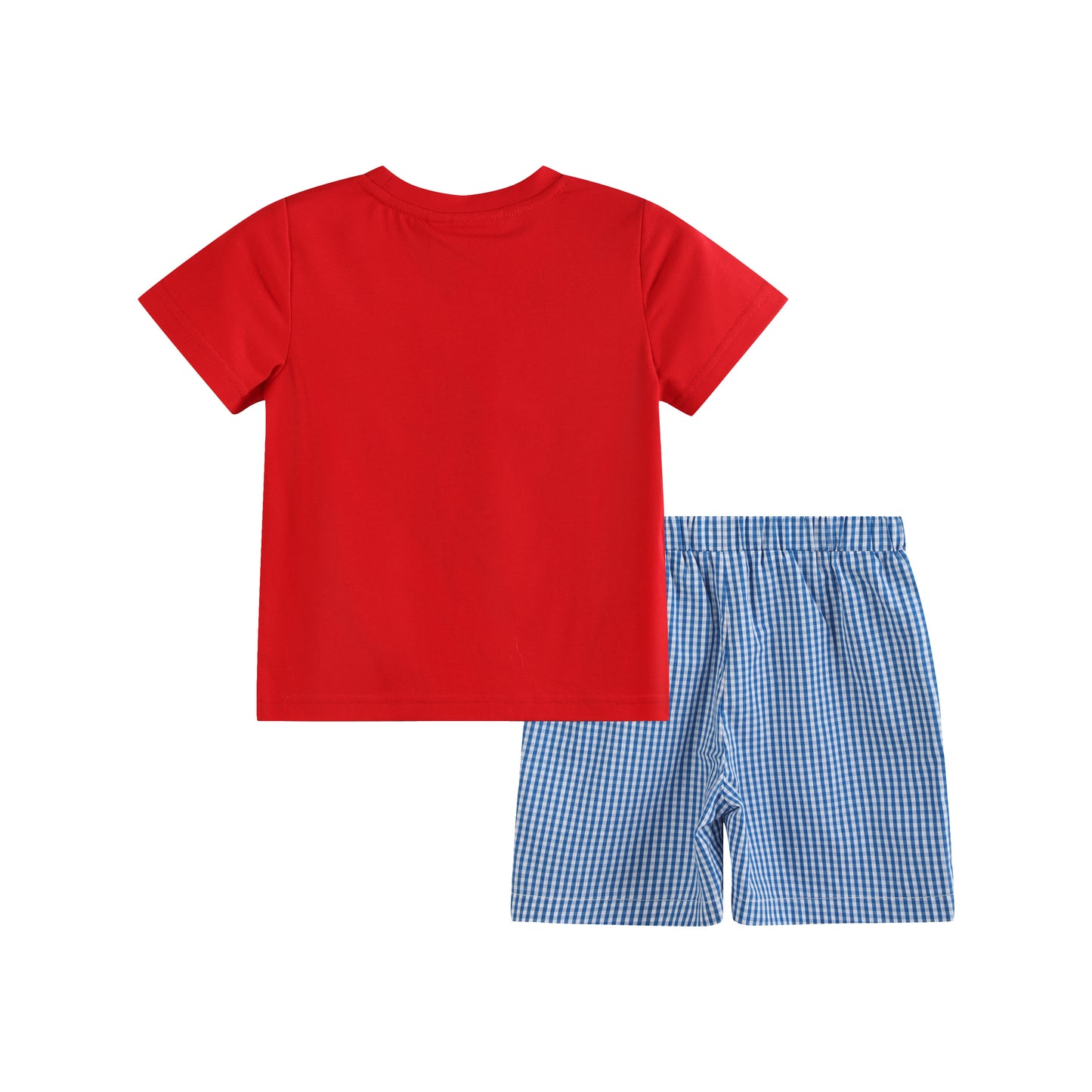 Red Gingham and Blue Baseball Shirt and Shorts Set