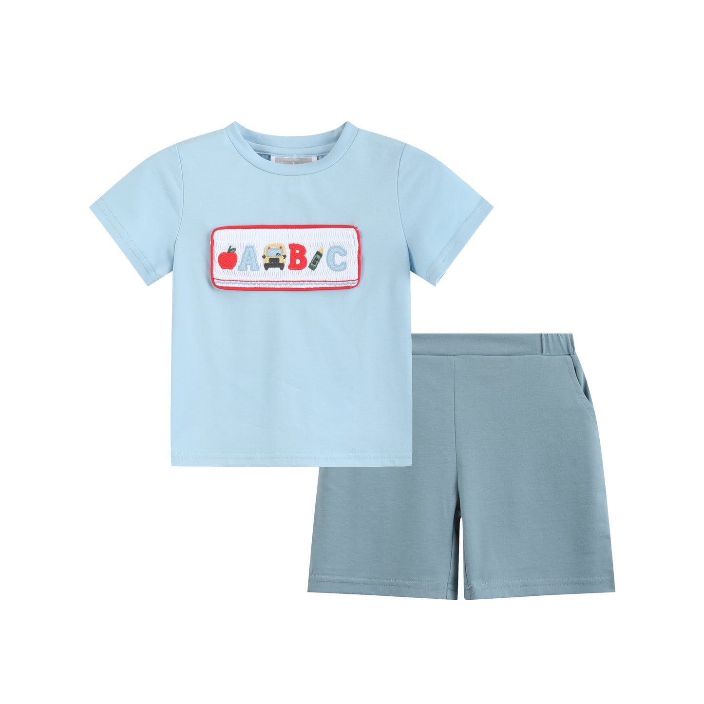 Blue Smocked ABC School Shirt and Shorts Set