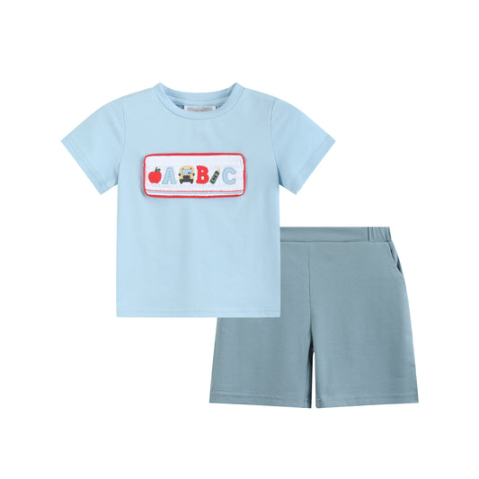 Blue Smocked ABC School Shirt and Shorts Set