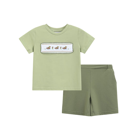 Pistachio Green Mallard Duck Smocked Shirt and Shorts Set