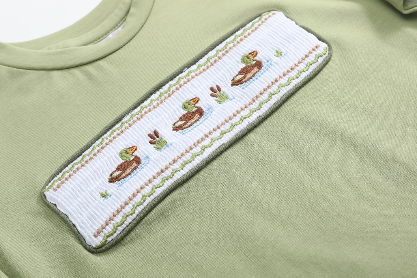 Pistachio Green Mallard Duck Smocked Shirt and Shorts Set