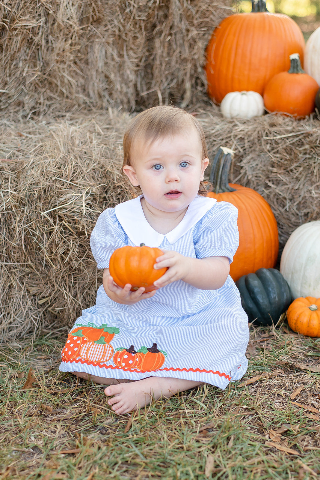 Light Blue Seersucker Pumpkin A-Line Dress