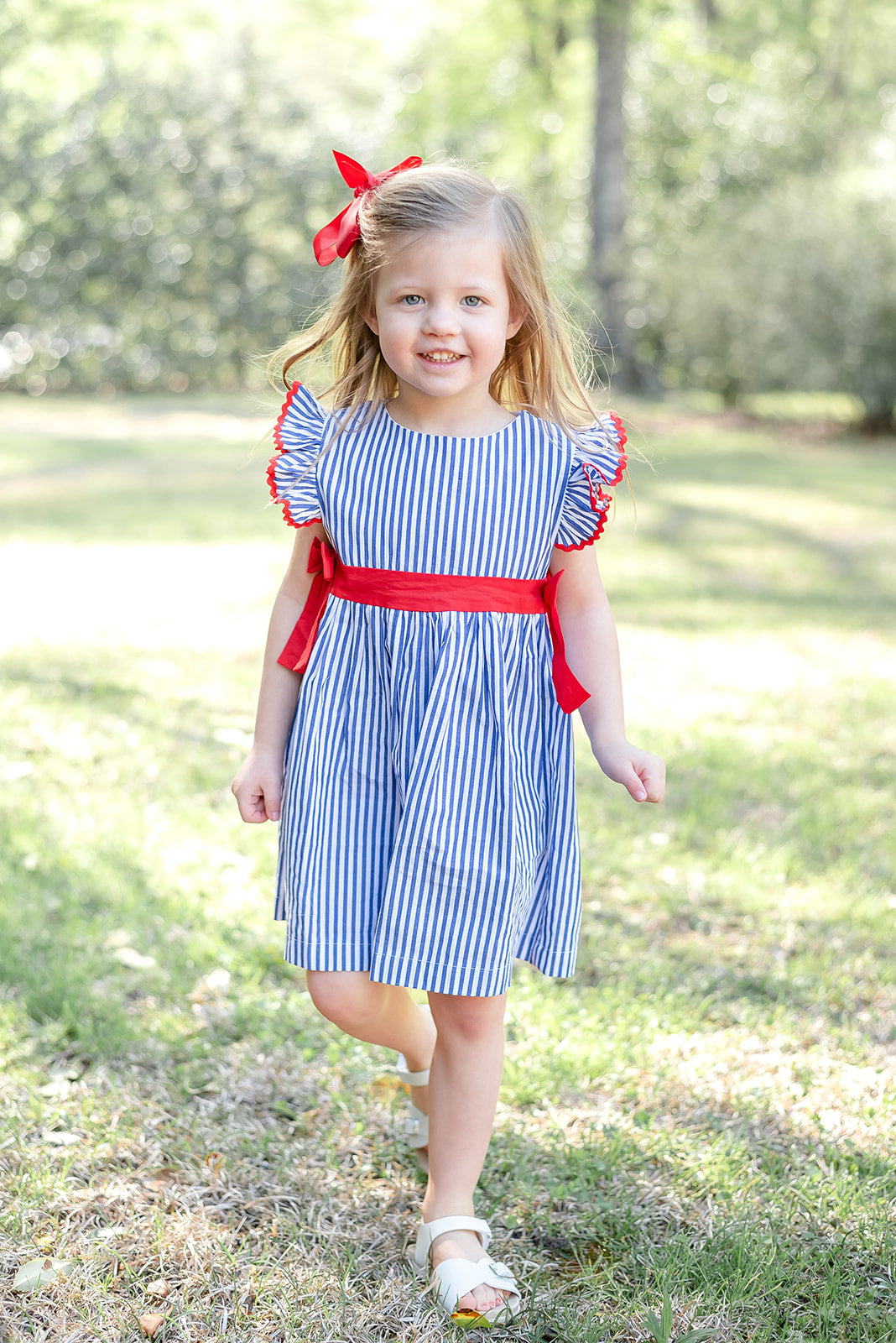 Navy Blue Stripe and Red Ruffle Bow Dress