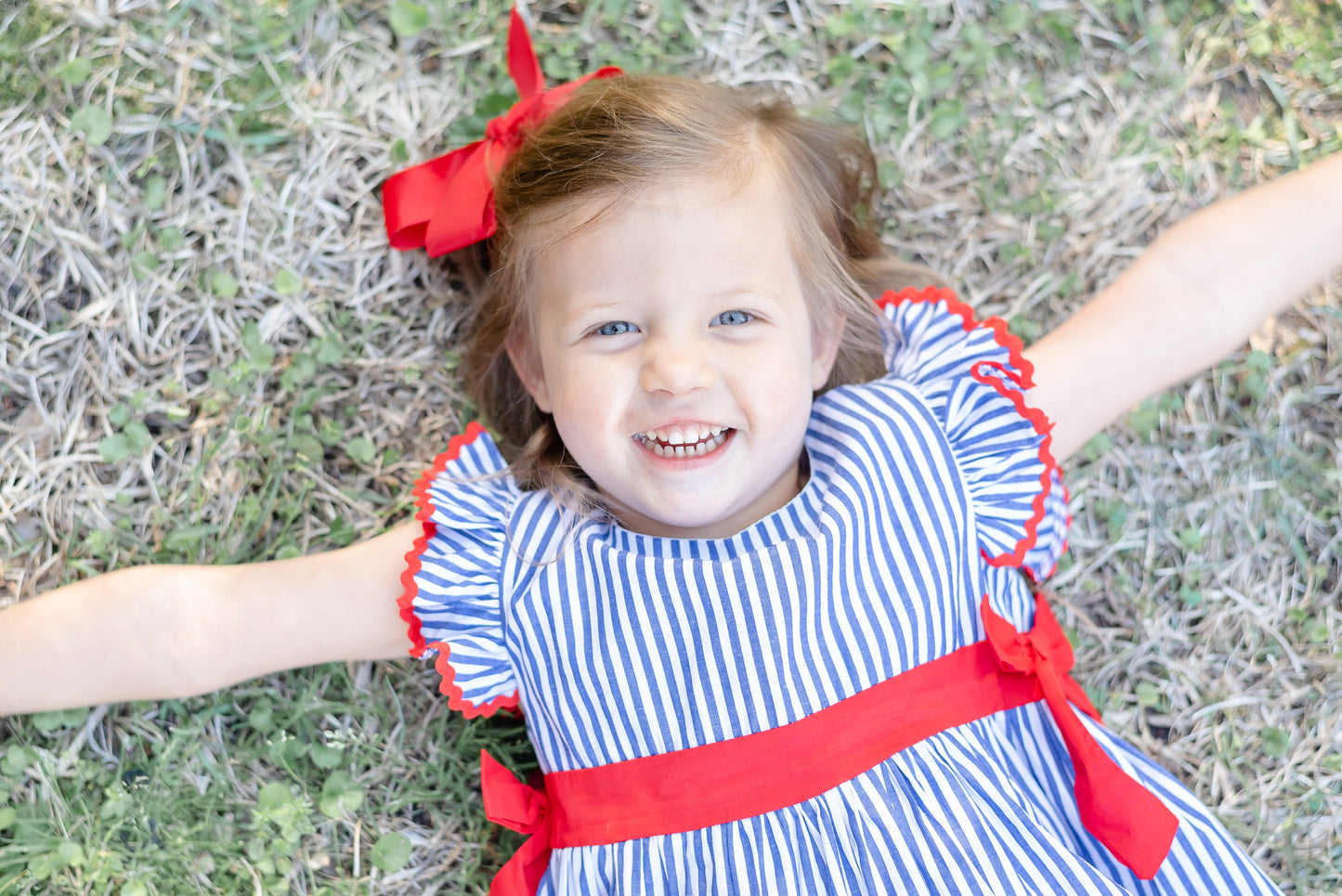 Navy Blue Stripe and Red Ruffle Bow Dress