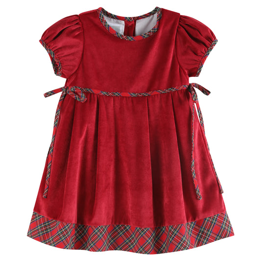 Red Velour and Christmas Plaid Bow Dress