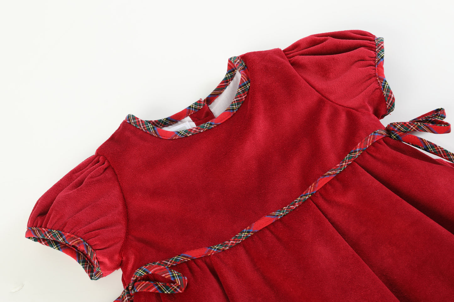 Red Velour and Christmas Plaid Bow Dress