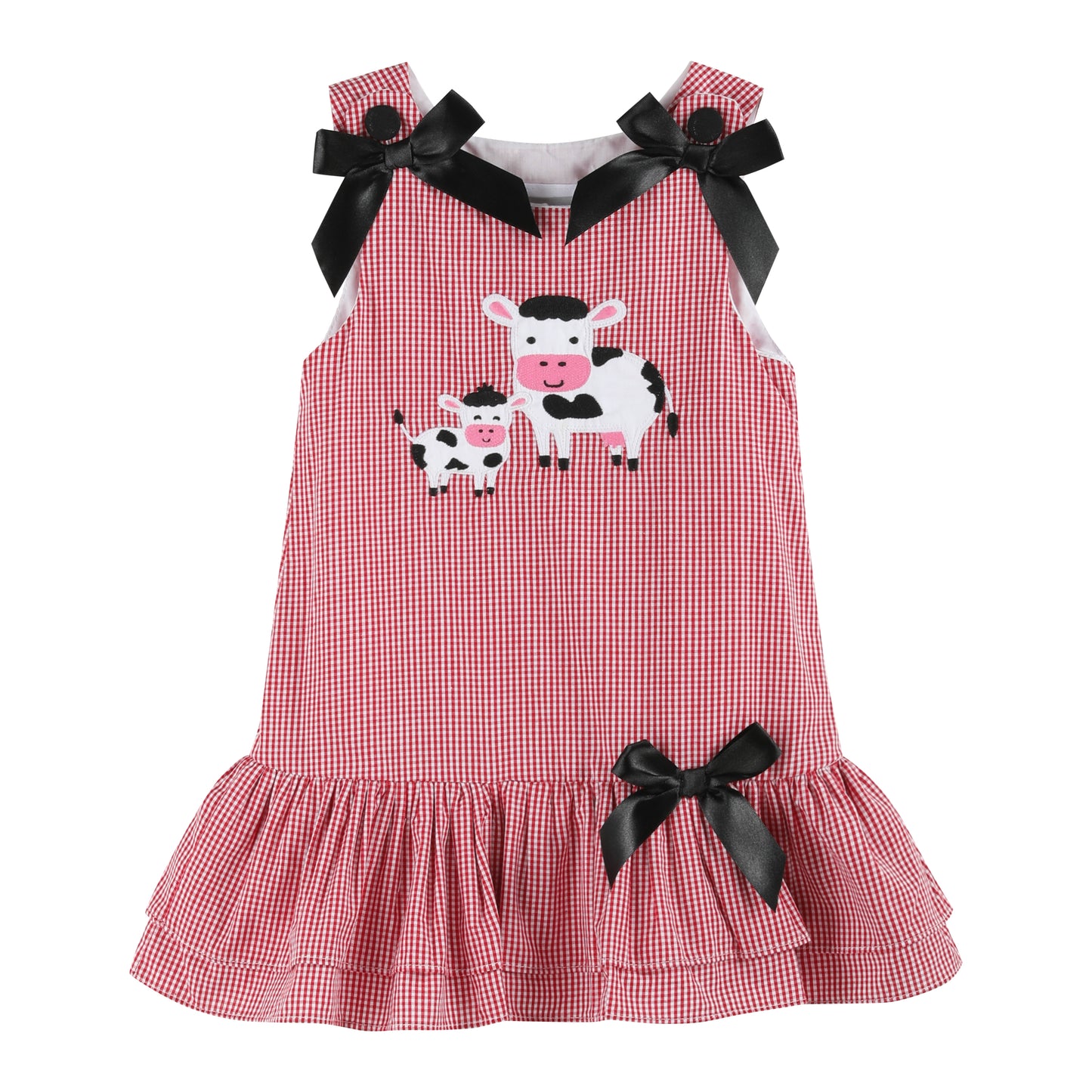 Red Gingham Mama and Baby Cow Ruffle Bow Dress