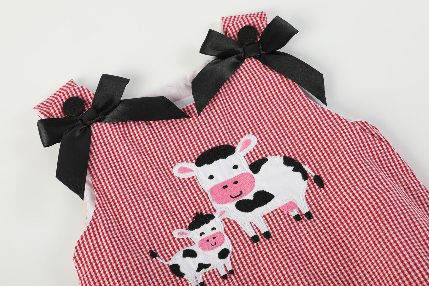 Red Gingham Mama and Baby Cow Ruffle Bow Dress