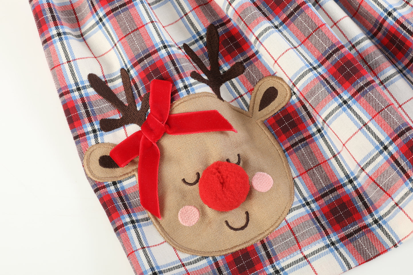 White and Red Plaid Reindeer Big Bow and Button Dress