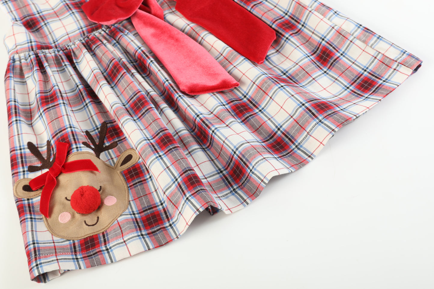 White and Red Plaid Reindeer Big Bow and Button Dress